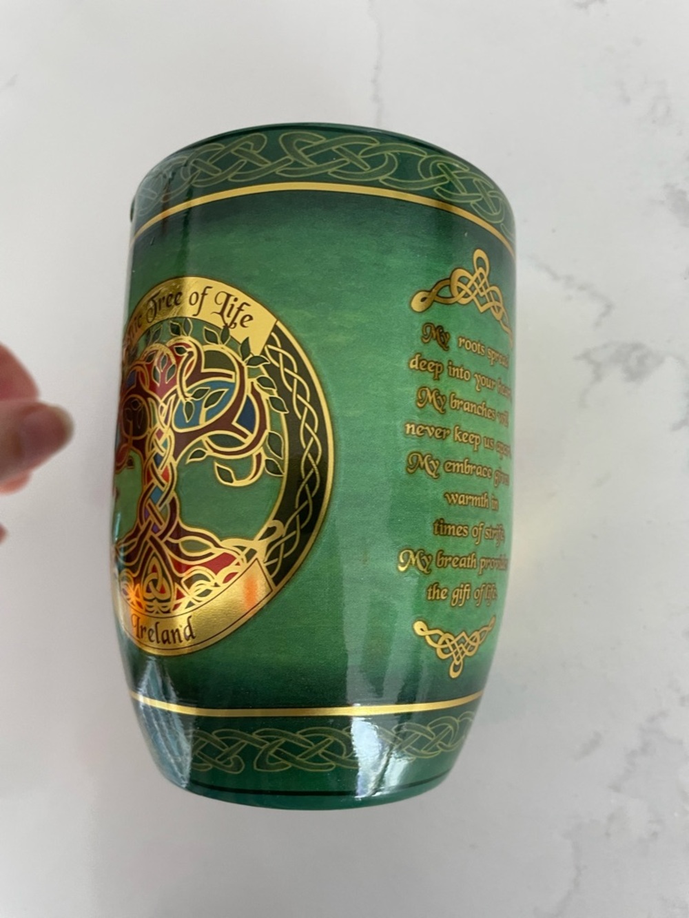 Green Celtic Tree of Life Ireland Ceramic Mug with Gold Accents - Picture 3 of 9